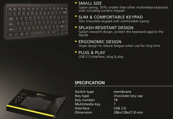 Micropack K2208 Wired USB Mini Keyboard - Black