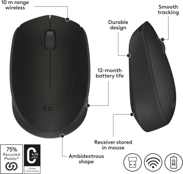 Logitech M170 Wireless / Cordless USB Optical Ambidextrous Compact Portable Mouse 2.4GHz