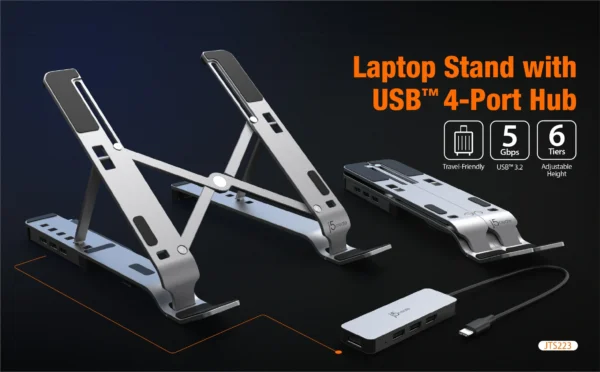 j5create JTS223 USB HUB X Kit Laptop Stand, USB Laptop Stand with 4 USB port, Fordable Laptop Holder