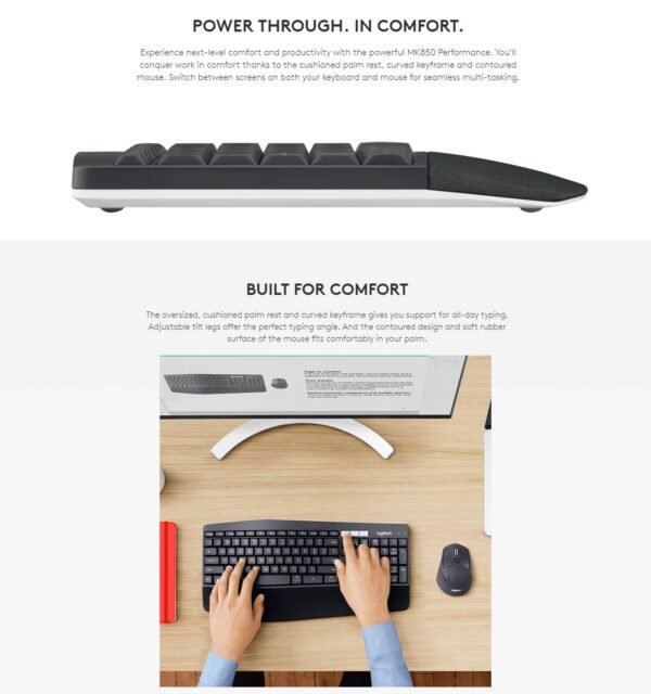 Logitech MK850 Multi-Device Performance 2.4GHz Wireless Keyboard and Mouse Combo | Bluetooth | Curved Keyframes
